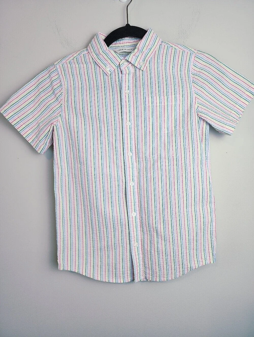 Janie and Jack boy 10 short sleeve cotton shirt button up rainbow stripe pocket